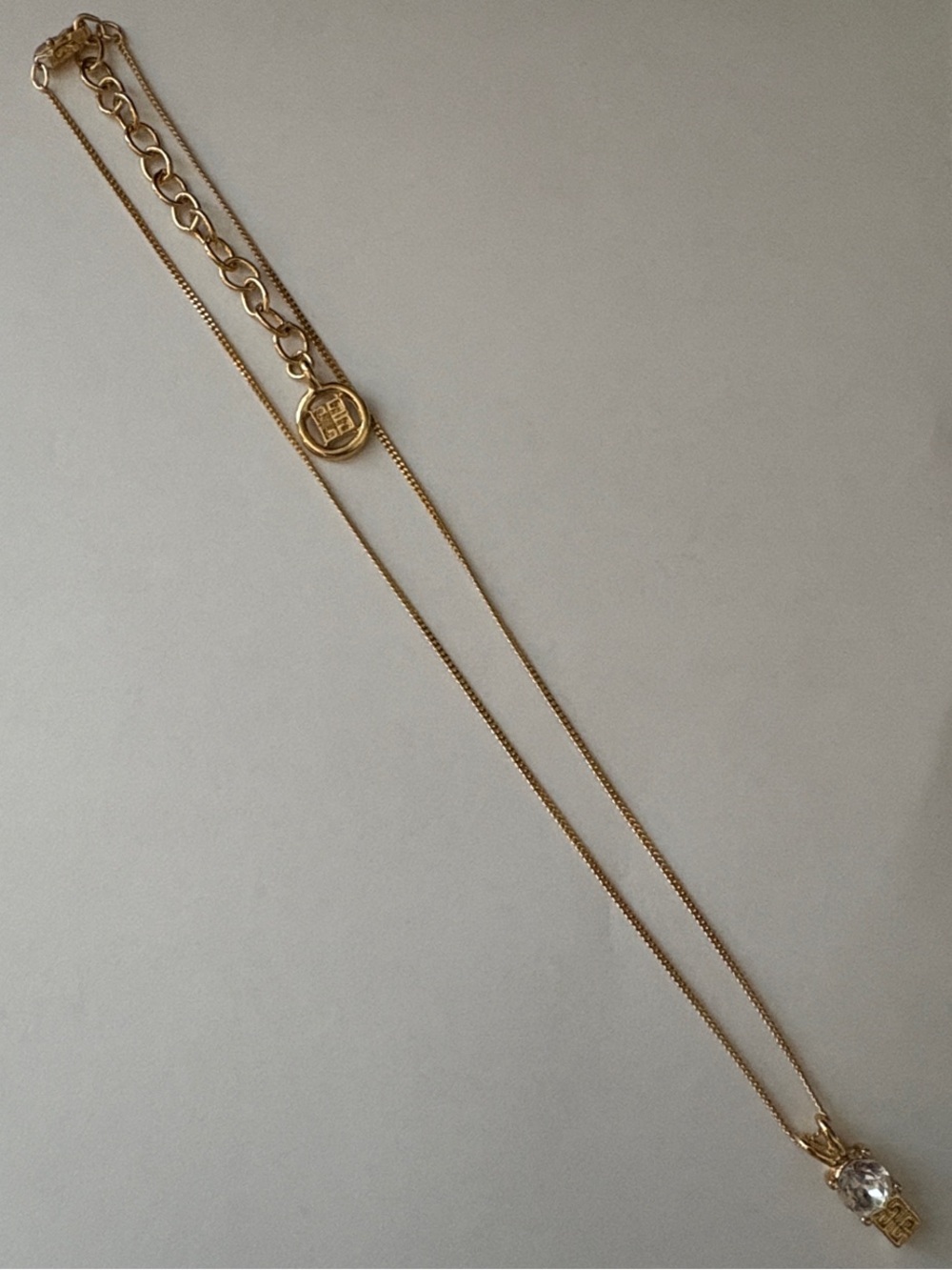 Givenchy Gold-Tone Chain Necklace with 4 G logo Clear Crystal Charm
